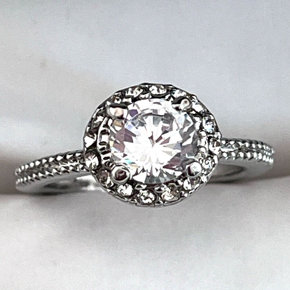 New CZ Halo Engagement Ring Silver Tone Size 8 - 1N